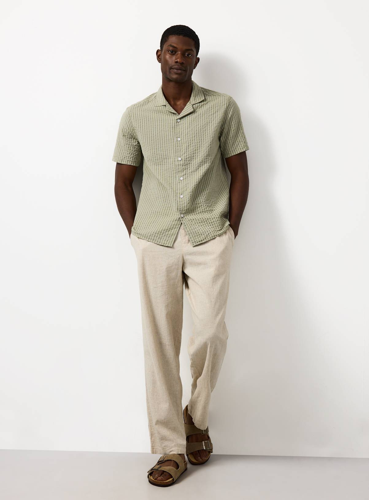 Light Green Stripe Print Seersucker Revere Neck Shirt M - Image 1